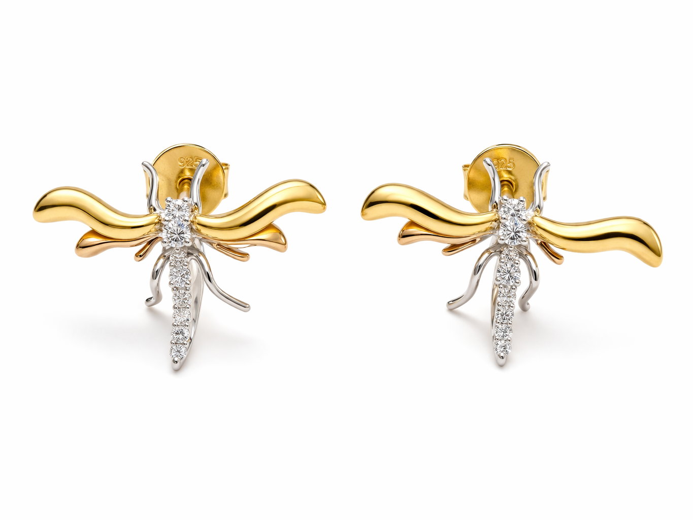 Dragonfly Stud Earrings | Two-Tone 925 Silver