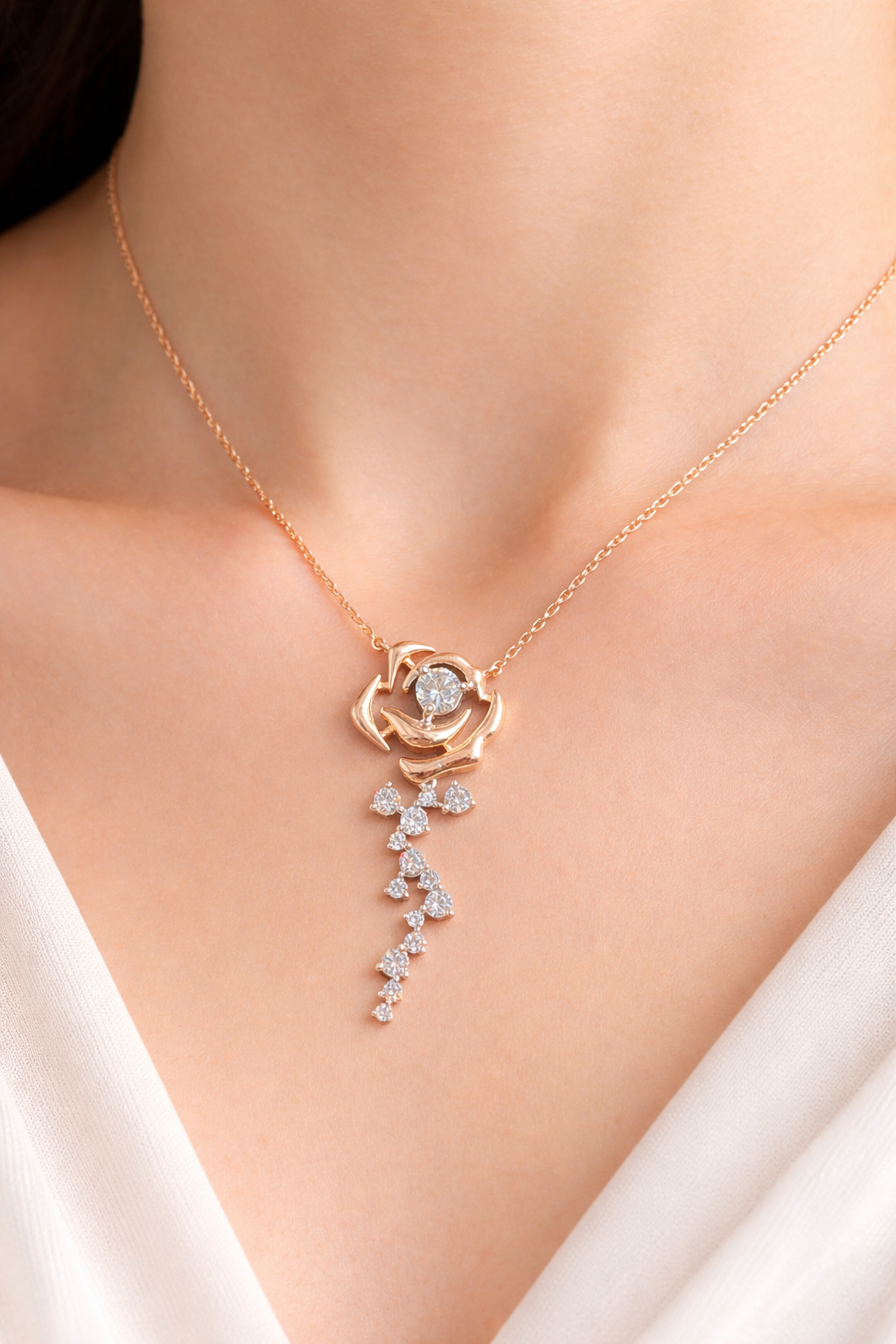 925 Sterling Silver Rose Pendant Necklace with Cascading Diamonds