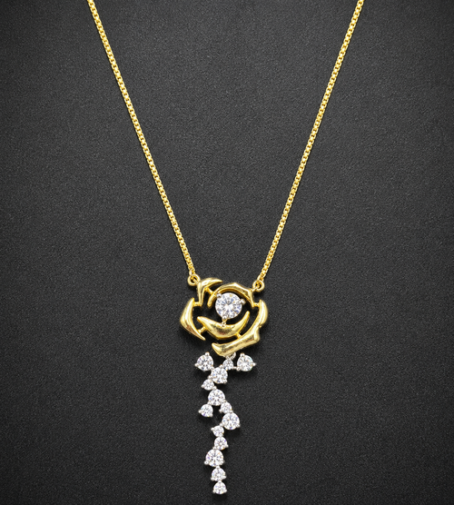 925 Sterling Silver Rose Pendant Necklace with Cascading Diamonds