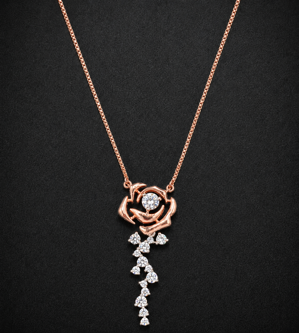 925 Sterling Silver Rose Pendant Necklace with Cascading Diamonds