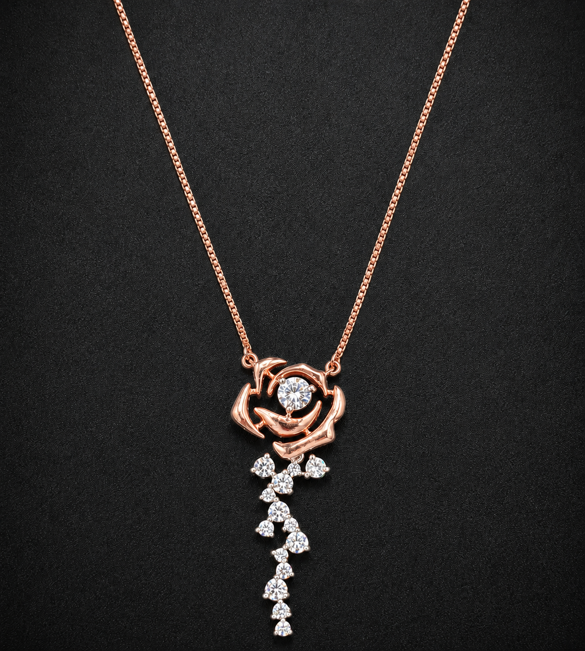925 Sterling Silver Rose Pendant Necklace with Cascading Diamonds