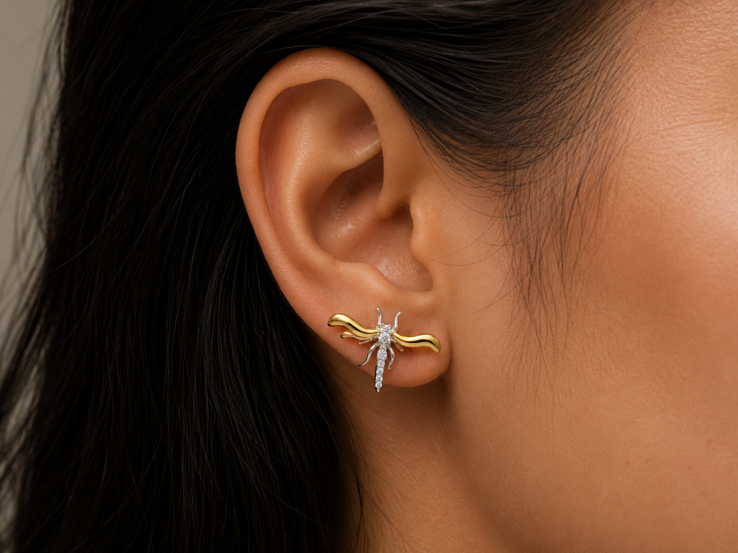 Dragonfly Stud Earrings | Two-Tone 925 Silver