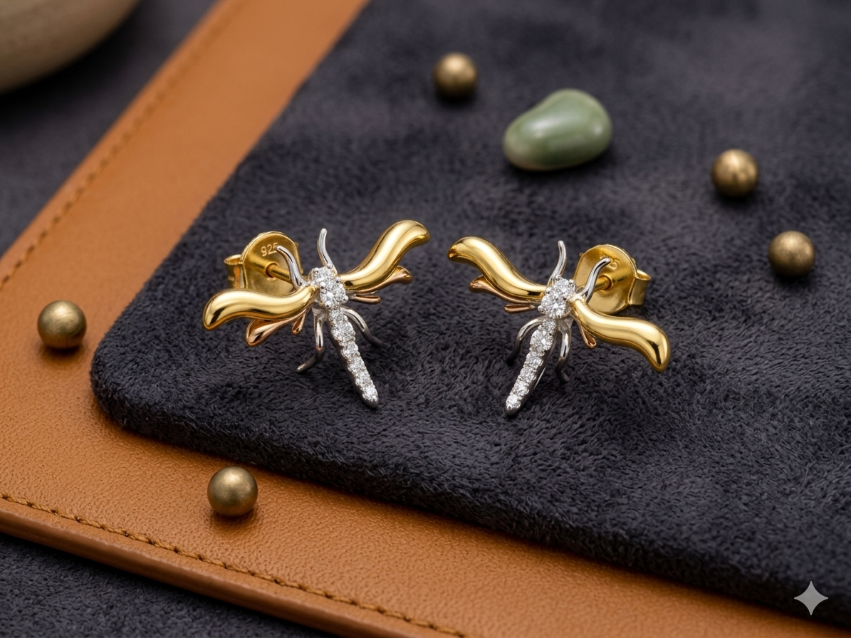 Dragonfly Stud Earrings | Two-Tone 925 Silver