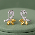 Enchanted Leaf CZ Stud Earrings — Two-Tone Silver & Gold
