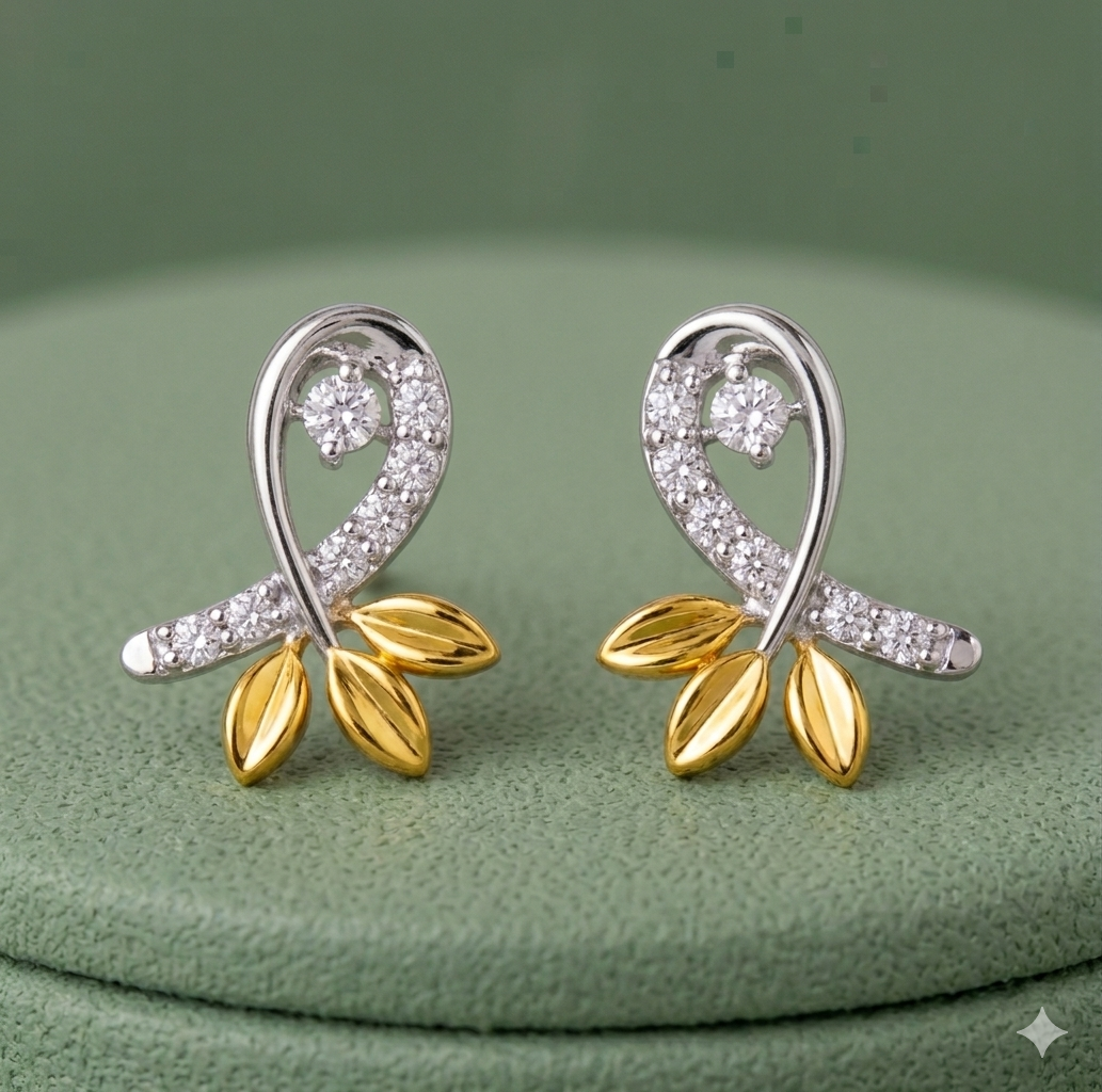 Enchanted Leaf CZ Stud Earrings — Two-Tone Silver & Gold