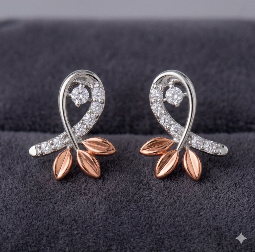 Enchanted Leaf CZ Stud Earrings — Two-Tone Silver & Gold