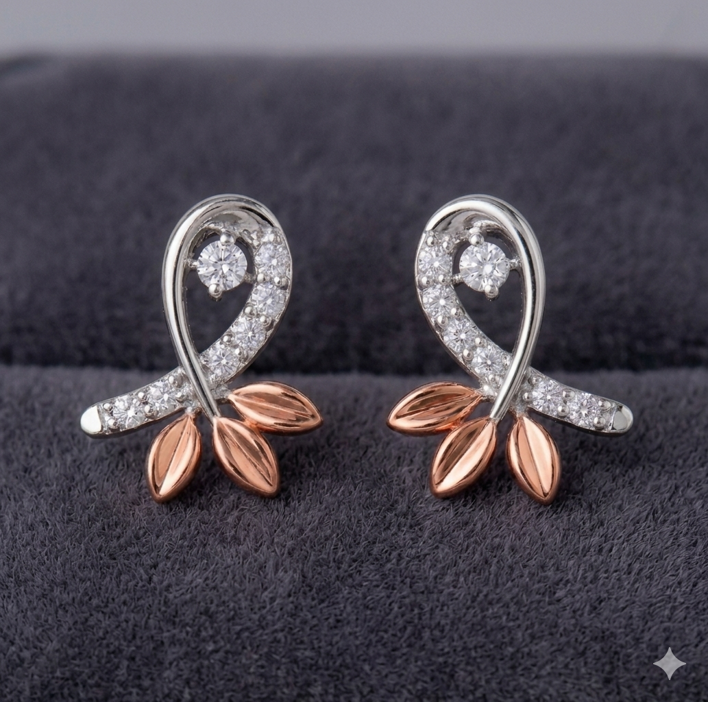 Enchanted Leaf CZ Stud Earrings — Two-Tone Silver & Gold
