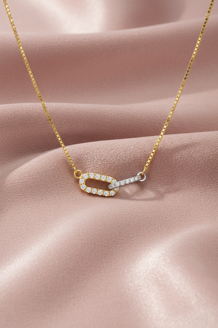 CZ Paperclip Link Necklace on Blush Fabric
