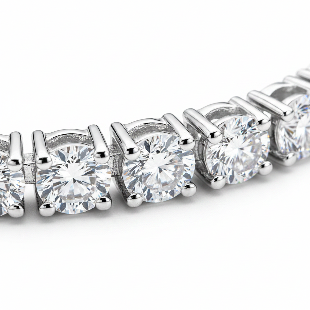 Close-up macro of CZ stones in four-prong settings – tennis bracelet detail