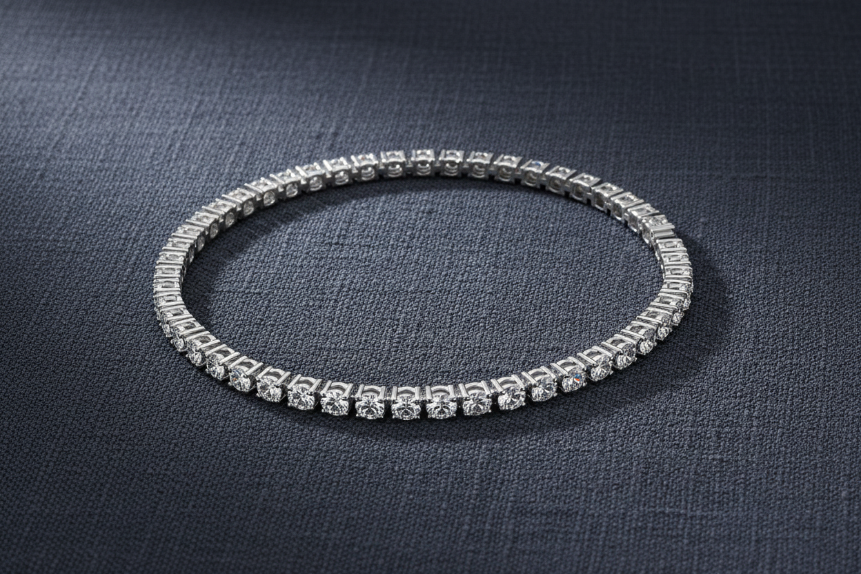 Tennis bracelet on dark slate linen fabric – luxury editorial photography