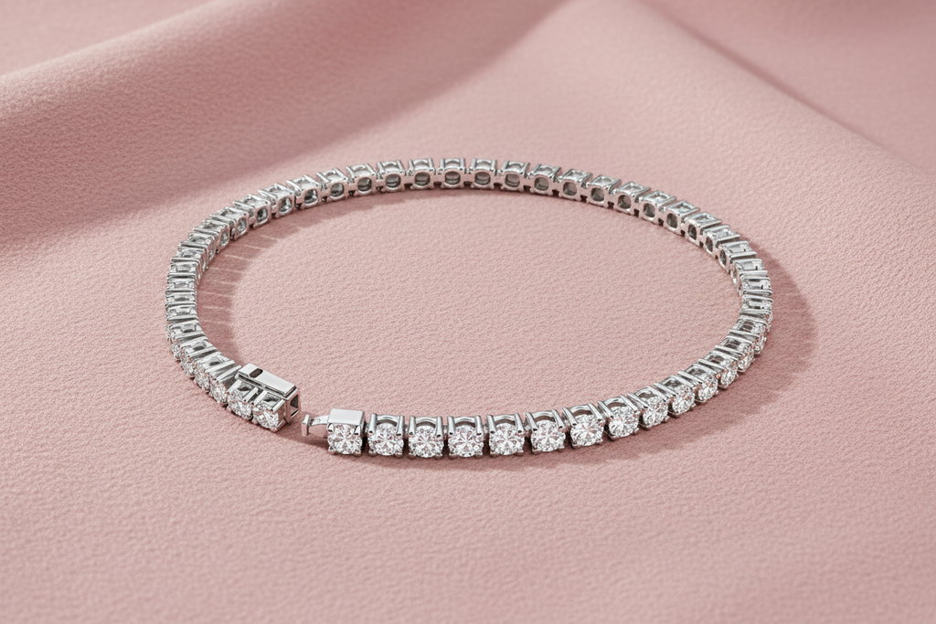 Tennis bracelet on dusty rose matte fabric background – editorial shot