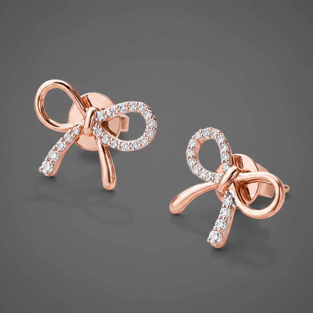 Rose Gold Bow Earrings - Charcoal Grey